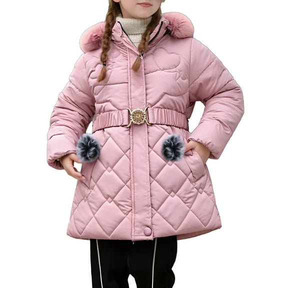 Girls' Winter Puffer Jackets Lined Fuzzy Brim Hood Winter Warm Windproof Coat with Belt Pink 11-12years