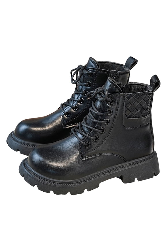 Girls Winter Riding Boots Trendy Pattern Round Toe Lace up Side Zipper Chunky Lug Sole Anti-Slip Warm Combat Booties Black 1.5 Big Kid