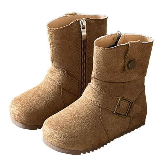 Girls Winter Riding Boots Vintage Suede Round Toe Antislip Flat Mid Calf Booties Trendy Buckle Strap Zipper Moto Boots 13 Little Kid Yellow