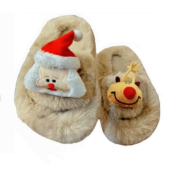 Girls Winter Slippers Fuzzy Bunny Indoor House Shoes Non- Soft Sole Cute Cartoon Slippers for Kids Toddler Christmas Warm Comfort,Color:2 Khaki,Size:8-9 Years