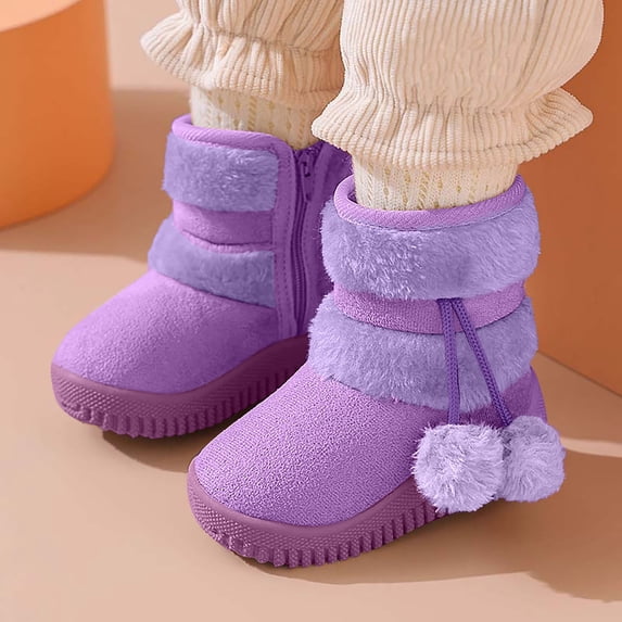 Girls Winter Snow Boots Cute Anti Slip Textured Rubber Sole Warm Fleece Lining Pom Pom Decor Zipper Closure Outdoor Cold Weather Boots Purple 8.5
