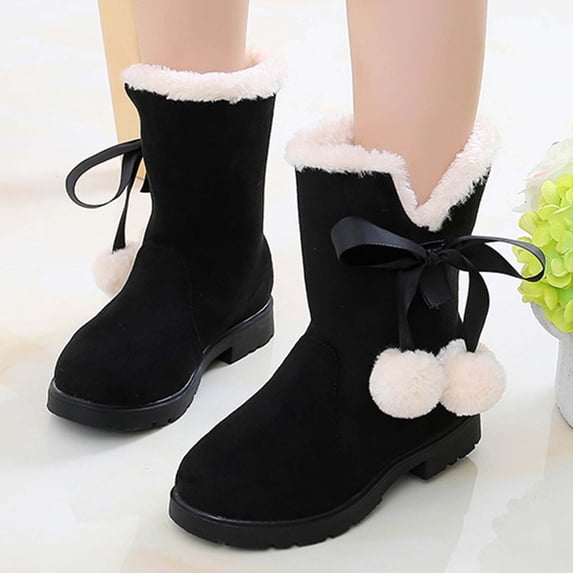 Girls Winter Snow Boots Warm Fur Boots Side Zipper Bowknot Pearl Princess Booties