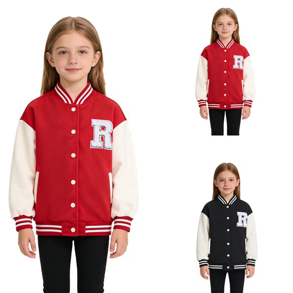 Girls' Winter Thickened Baseball Jacket R Letter Print Outerwear Colour Block Jacket Coat Red 6 Y-7 Y