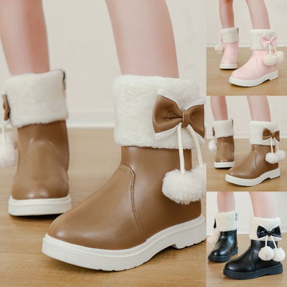 Girls Winter Walking Boots Kids Non Cold Weather Comfortable Plush Warm Shoes Outdoor Ankle Boots Black 8 Y-9 Y