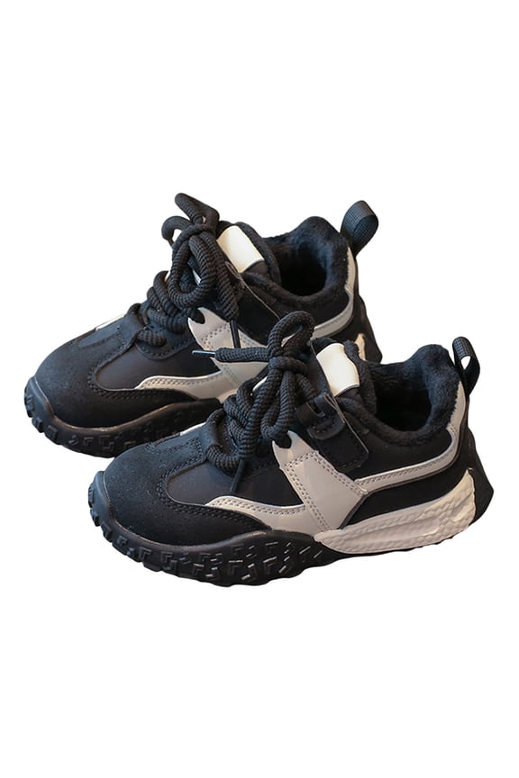 Girls Winter Walking Shoes Vintage Color Block Lace up Antislip Skate Trainers Athletic Shoes Cold Weather Warm Flat Sneakers Black 8.5 Toddler
