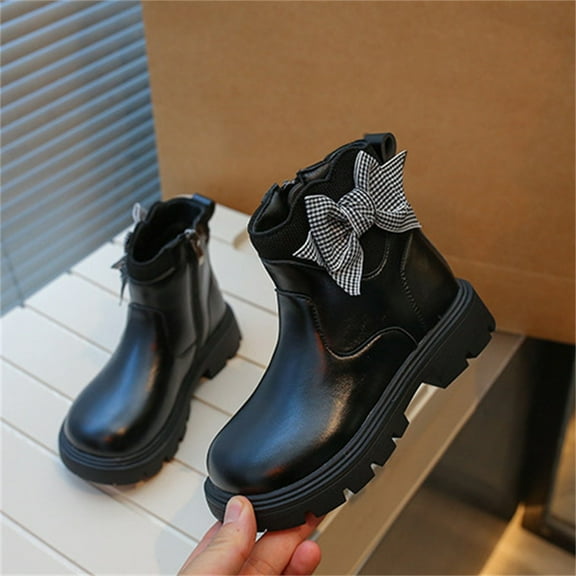 Girls Winter Warm Casual Ankle Boots with Plaid Bow Details, Soft Sole Martin Boots for Children Kids Fall Autumn Season Outdoor Play Comfort Wear