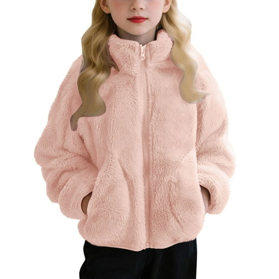 Girls Winter Warm Coat Kids Fuzzy Sherpš šacket Fauš± Fuš« Plush Sweatshirt Trendy Furry Zip Up Stand Collar Outerwear