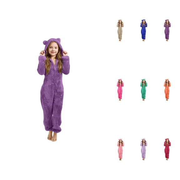 Girls Winter Warm Hooded Pajama Set with Ears, Cozy Loungewear for Kids, Bear Ear Plush Pullover Sweatshirt and Pants, 3-14 Years