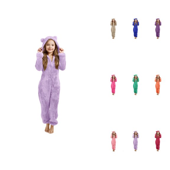 Girls Winter Warm Hooded Pajama Set with Ears, Cozy Loungewear for Kids, Bear Ear Plush Pullover Sweatshirt and Pants, 3-14 Years