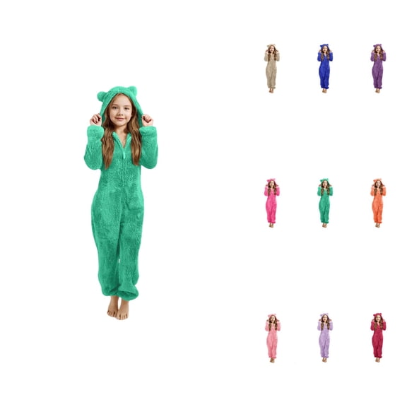 Girls Winter Warm Hooded Pajama Set with Ears, Cozy Loungewear for Kids, Bear Ear Plush Pullover Sweatshirt and Pants, 3-14 Years