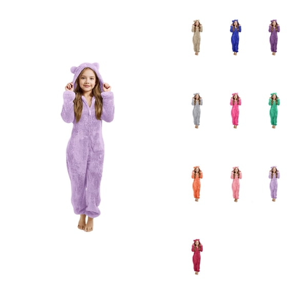 Girls Winter Warm Hooded Pajama Set with Ears, Bear Ear Plush Pullover Sweatshirt and Pants Loungewear for Kids 3-14 Years