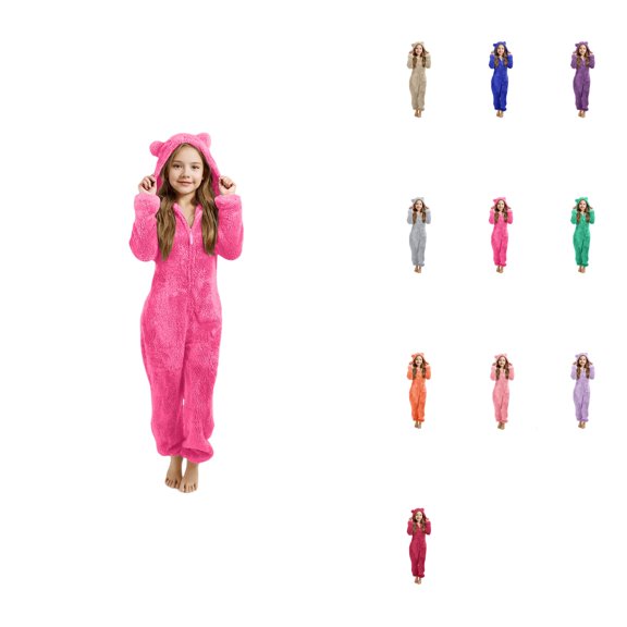 Girls Winter Warm Hooded Pajama Set with Ears, Bear Ear Plush Pullover Sweatshirt and Pants Loungewear for Kids 3-14 Years