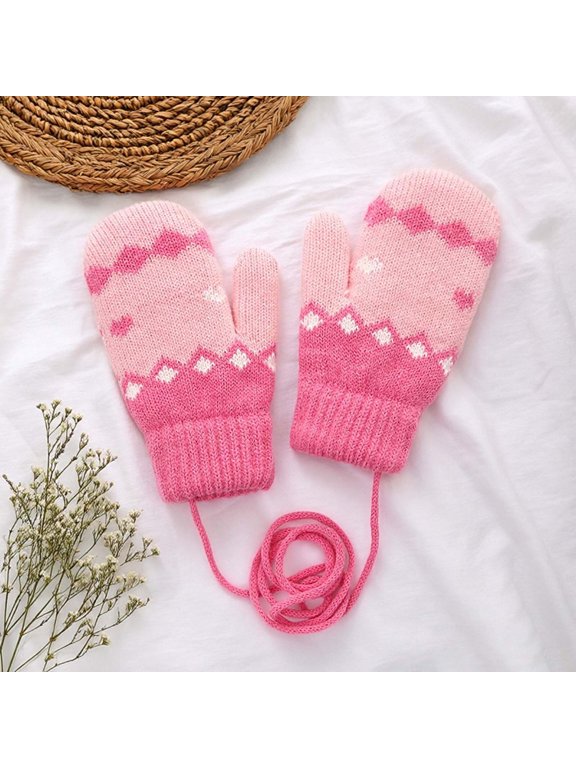 Girls Winter Warm Knitted Mittens Geometric and Anti Lost String for Cold Weather Play Kids Toddler Gloves