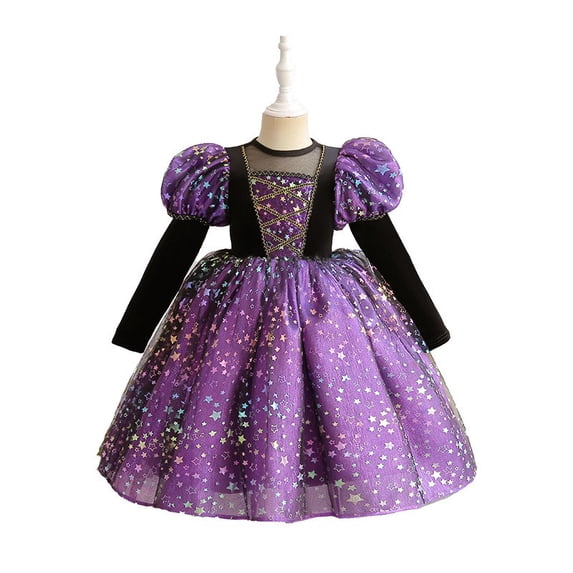 Girls Witch Costume Dress, Puff Sleeve Tulle Gown for Toddler Kids Halloween Cosplay Party