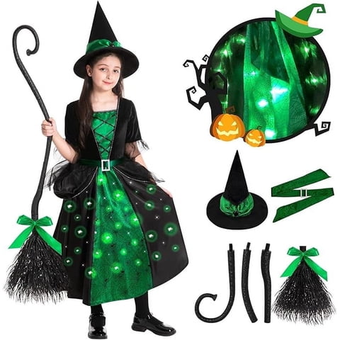 Girls Witch Halloween Costumes, Light Up Halloween Witch Dress with Broom and Hat for Kids Cosplay Party 3-4 Years