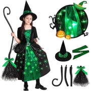 Girls Witch Halloween Costumes, Light Up Halloween Witch Dress with Broom and Hat for Kids Cosplay Party 5-7 Years