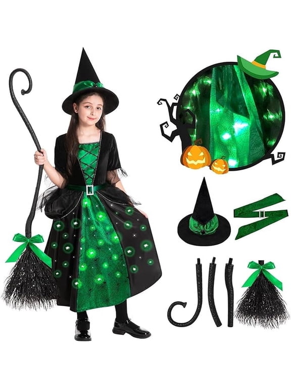 Girls Witch Halloween Costumes, Light Up Halloween Witch Dress with Broom and Hat for Kids Cosplay Party 3-4 Years