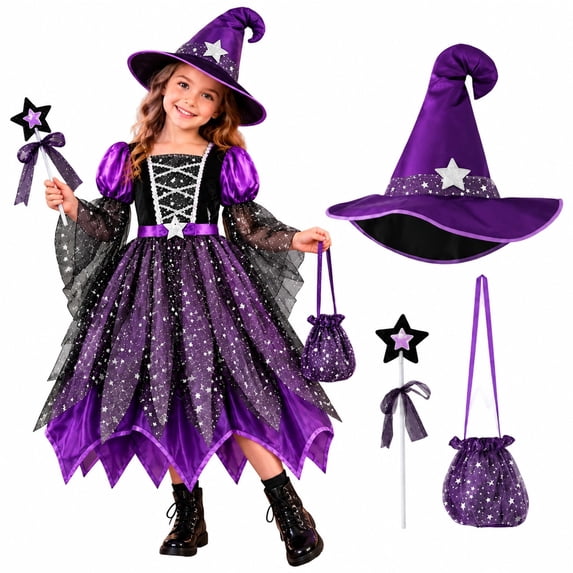 Girls Witch Dress Set with Hat Wand and Bag for Halloween Party Dress Up Clothes Themed Party Role Play and Pretend Play
