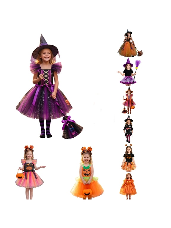 Girls Witch Dress with Hat, Broom & Tights – Glitter Tulle Princess Outfit for Halloween Party Dress-Up Play & Birthday (1#Purple/7-8 Years)