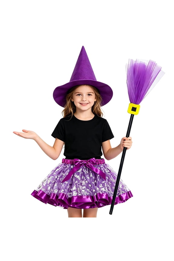 Girls Witch Dress with Hat, Broom & Tights – Glitter Tulle Princess Outfit for Halloween Party Dress-Up Play & Birthday (7#Purple/S)