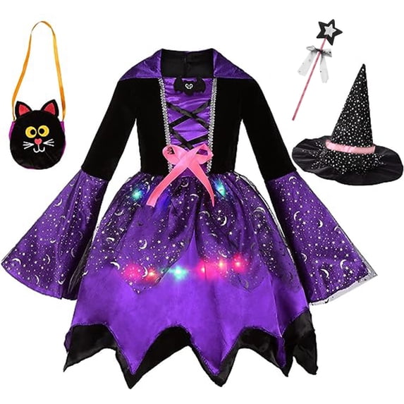 Girls Witch Halloween Dress Set 4‑pcs set includes dress, hat, magic wand & candy bag, for Halloween