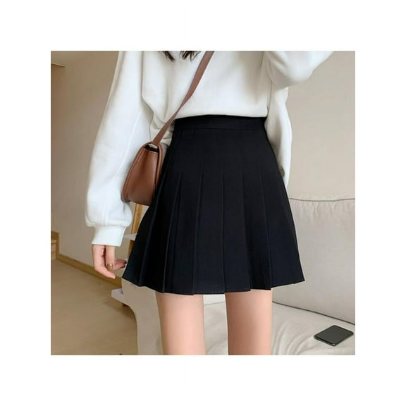 Girls Women High Waisted Plain Pleated Skirt Skater Tennis School Uniforms A-line Mini Skirt Lining Shorts