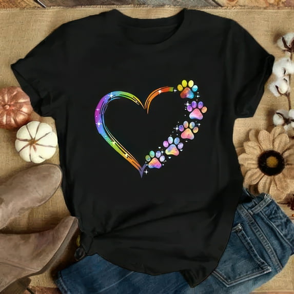Girls and Women's Fashion Colorful Heart & Paws T Shirts, CatDog Lover T Shirts, Cute Graphic Tee, Ladies Summer T-shirts, Casual Plus Size Tops, Gifts for
