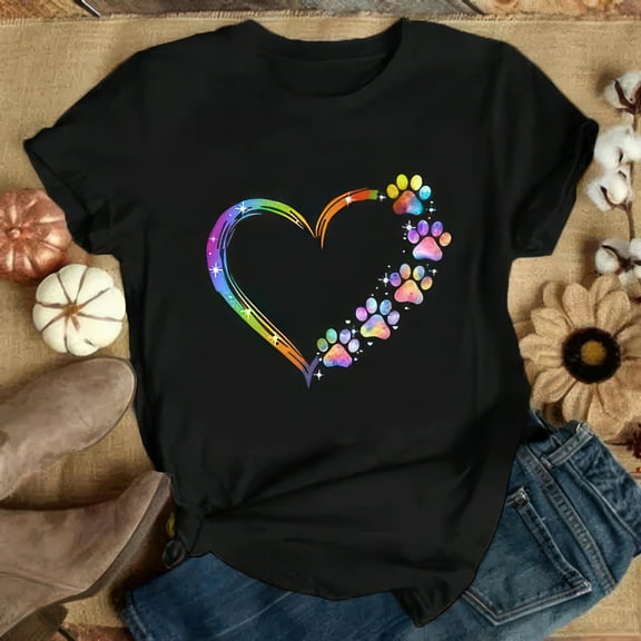 Girls and Women's Fashion Colorful Heart & Paws T Shirts, CatDog Lover T Shirts, Cute Graphic Tee, Ladies Summer T-shirts, Casual Plus Size Tops, Gifts for
