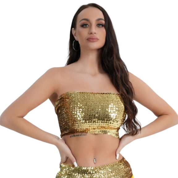 Girls Womens Sparkly Sequins Crop Top,Glitter Strapless Tube Top Stretch Bandeau Tops for Party Costumes Clubwear