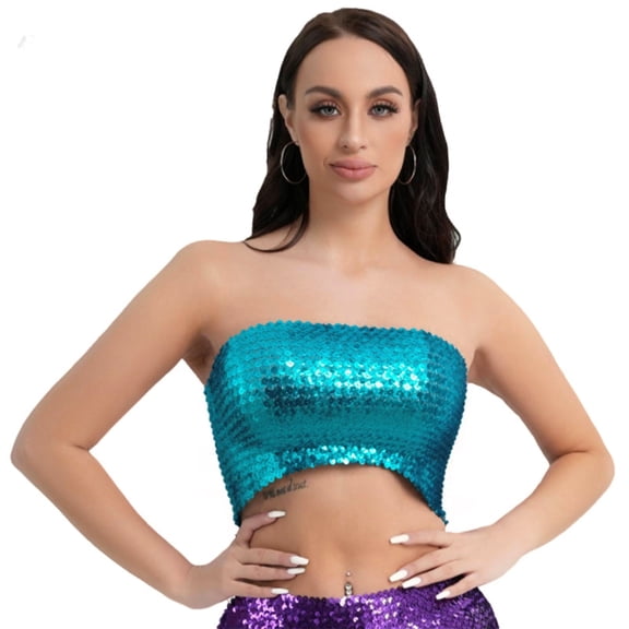 Girls Womens Sparkly Sequins Crop Top,Glitter Strapless Tube Top Stretch Bandeau Tops for Party Costumes Clubwear