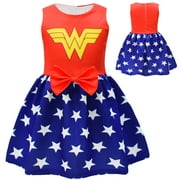 Girls Wonder Woman Costume Dress Halloween Bow Dress Up Outfit 3-8T