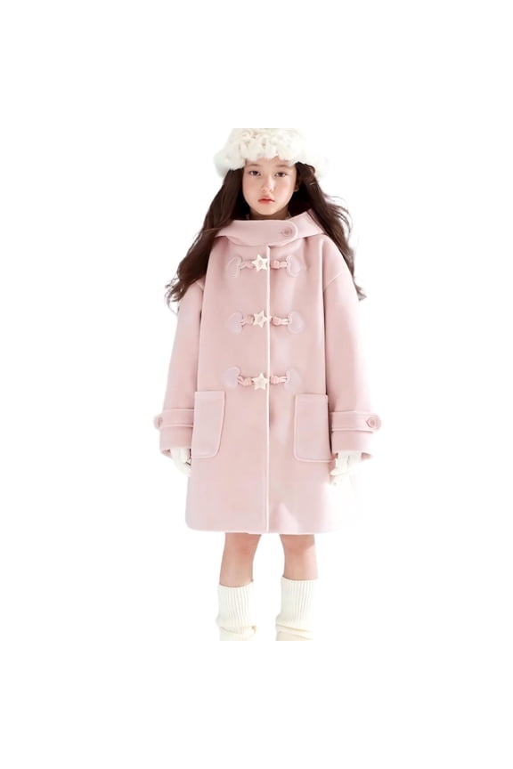 Girls Wool Blend Jacket Stars Button Up Hooded Dress Pea Coat Thick Warm Winter Casual Duffel Overcoat (9 Years, Pink)