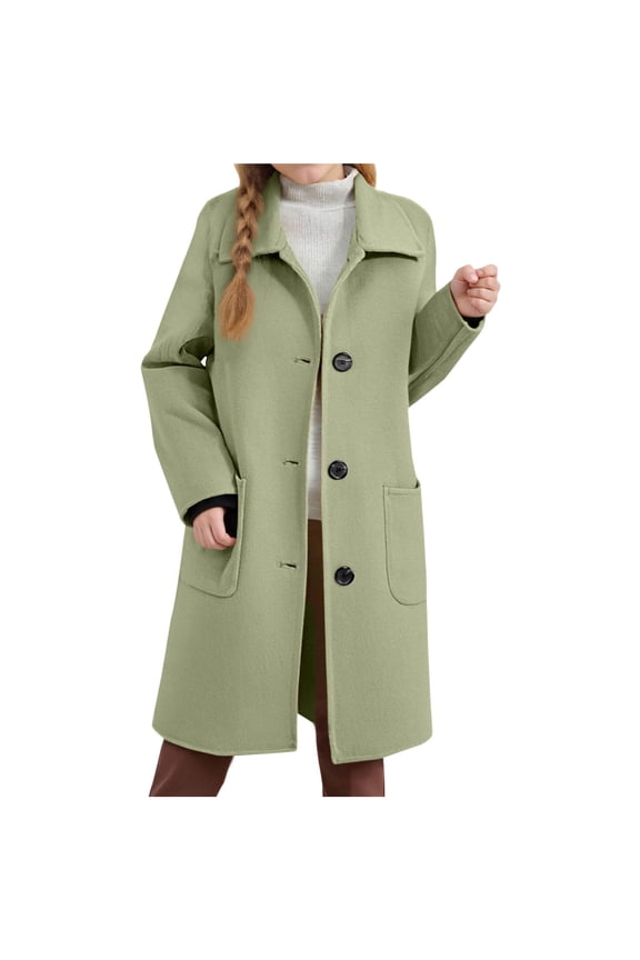 Girls Wool Blend Long Trench Coat Single Breasted Notched Collar Peacoat Winter Warm Lightweight Overcoat with Pockets