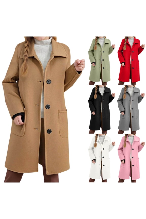 Girls Wool Blend Long Trench Coat Single Breasted Notched Collar Peacoat Winter Warm Lightweight Overcoat with Pockets