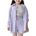 thumbnail image 1 of Girls Workout Set Girl's 2 Piece Set Button Down Linen Shirts Tops Shorts Kids Clothing Set, 1 of 9
