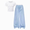 thumbnail image 1 of Girls Y2K Fashion Outfit Ruffle Bow Print Crop Top Striped Wide Leg Pants Summer Set 12-13 Years, 1 of 8