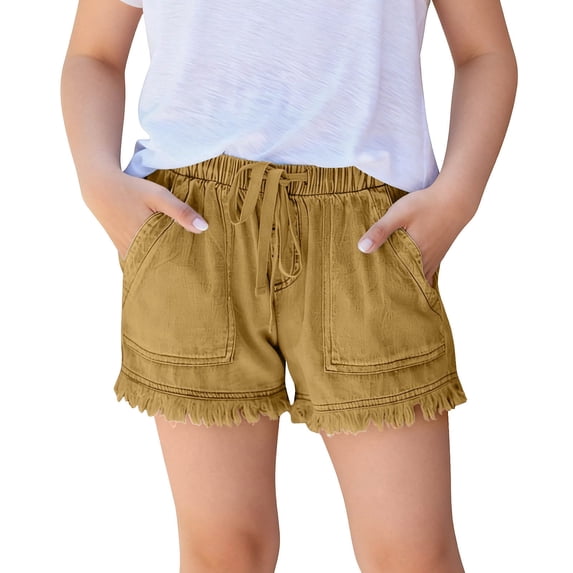 Girls Yellow Elastic Waist Drawstring Shorts Cotton Blend Relaxed Fit Frayed Raw Hem Summer Casual with Pockets,Size 11-12T