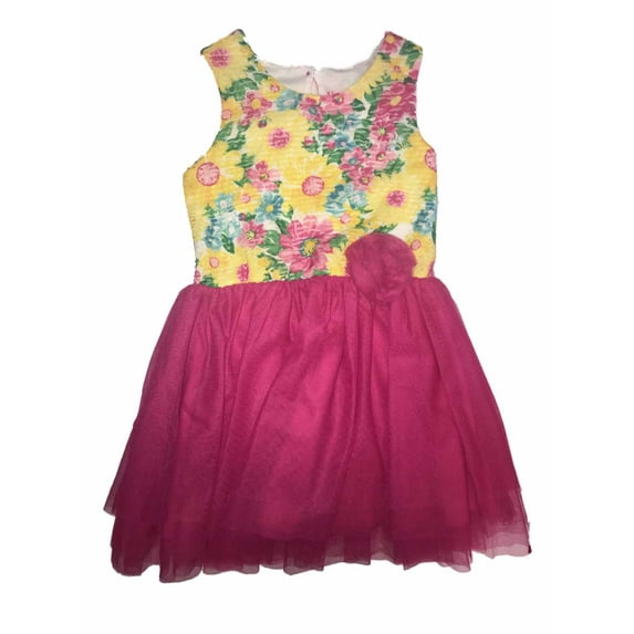 Girls Yellow Flower Burn Out Pink Tulle Skirt Sleeveless Summer Sun Dress 6