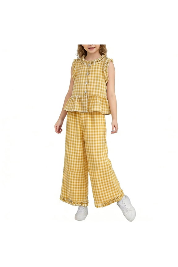 Girls Yellow Gingham 2 Piece Outfit Kids Peplum Top with Ruffle Hem and Wide Leg Pants Summer Set Sizes 18-24 Months to 10-11 Years,Size 6-7 T