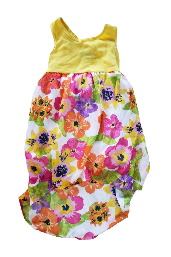 Girls Yellow Pink Flower Print Hi Lo Tie Back Layered Summer Tank Strap Dress 4