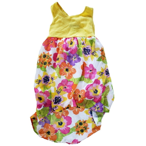 Girls Yellow Pink Flower Print Hi Lo Tie Back Layered Summer Tank Strap Dress 5