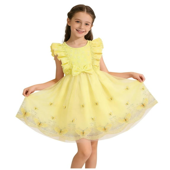 Girls Yellow Princess Dress Tutu with Butterfly Embroidery Sleeveless Tulle for Birthday Party Flower Girl Special Occasion Ages 3-8,Size 6-7 T
