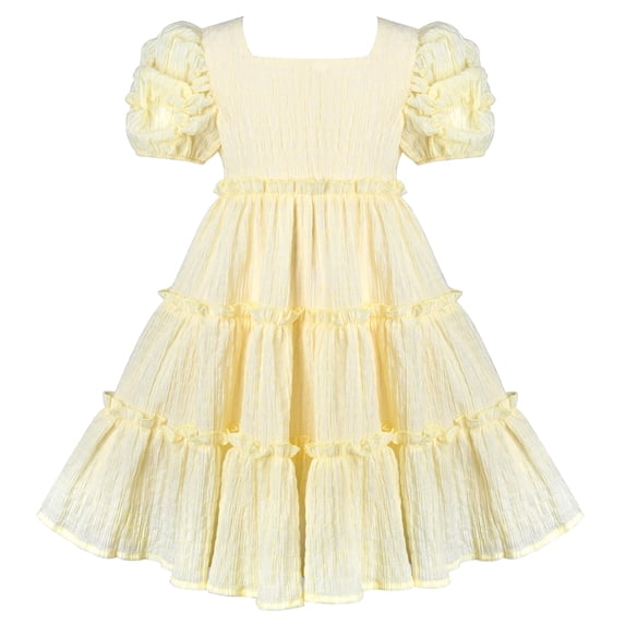 Girls Yellow Ruffle Layer Square Loose Fit Puff Sleeve Summer Cotton 5 Years