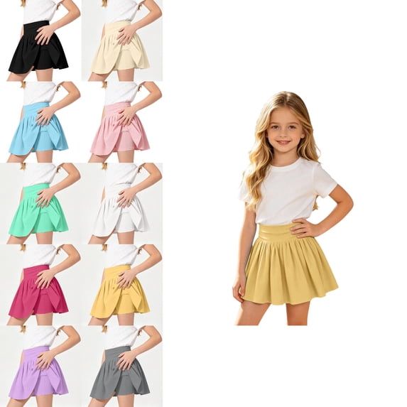 Girls Yellow Tennis Skirts with Lining Shorts A-Line Uniform Skorts Quick Dry Kids Tennis Skirt
