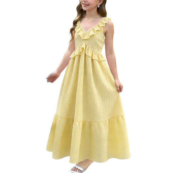 Girls Yellow Tiered Ruffle Maxi Dress Sleeveless A-Line Long Flowy Princess Style Summer Party Wedding Guest Outfit Size 7-14,Size 11-12T