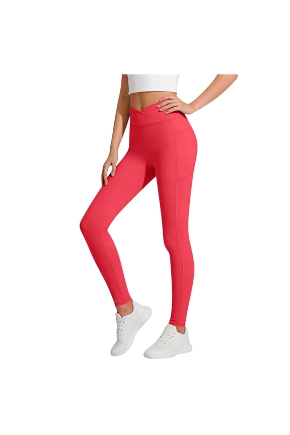 Girls' Yoga Leggings Crossover High Waisted Gym Wear Pockets Soft Workout Active Pants for Girls 5-16 Years (13-14 Years, Red)