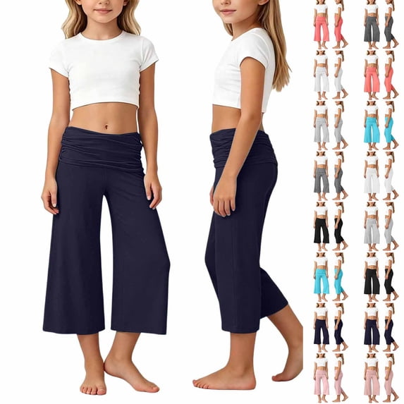 Girls Yoga Pants Fold Over Low Rise Wide Leg Loose Casual Girls Summer Pants Navy Pants for Girls Size 5-14 Years