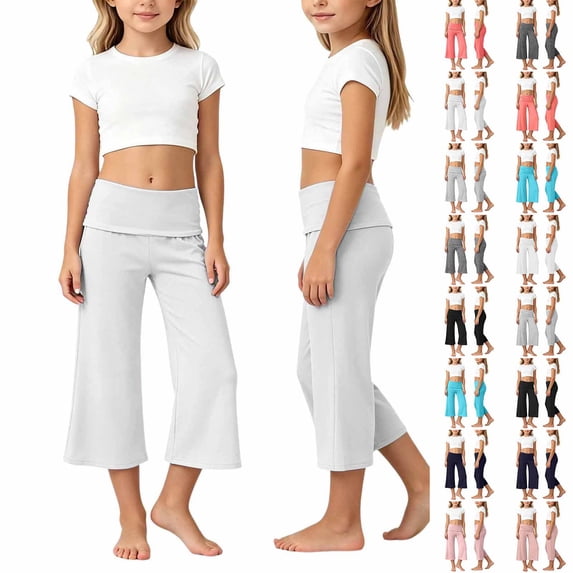 Girls Yoga Pants Fold Over Low Rise Wide Leg Yoga Pants Loose Girls Summer Pants White Pants for Girls Size 5-14 Years