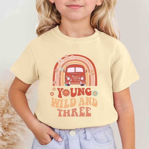 Girls Young Wild and Three 3rd Birthday Graphic Printed Tee Crewneck Short Sleeve Birthday Shirt 3-13Y