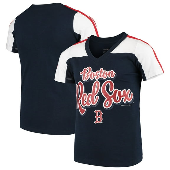 Girls Youth 5th & Ocean by New Era Navy Boston Red Sox Striped V-Neck T-Shirt